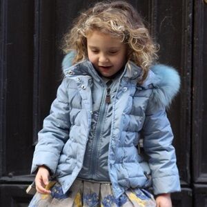 Light Blue Monnalisa Girls Down Padded Raccoon Fur Trim Jacket size 2